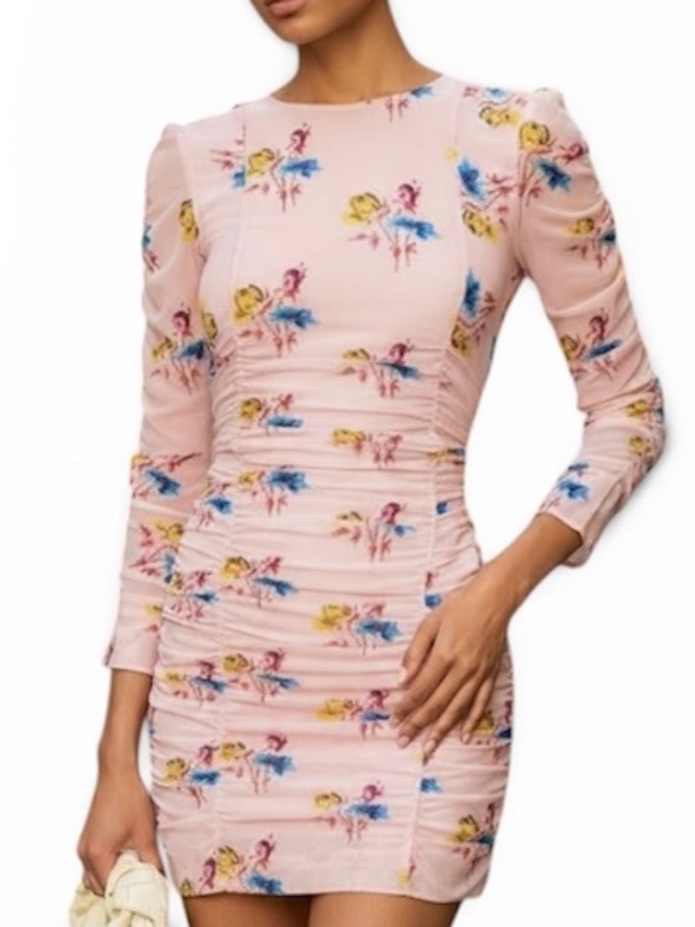 Ganni Pink Ruched Gathered Mesh Bodycon Designer Mini Dress EU46 NWT